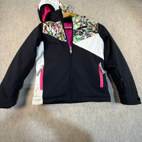 Spyder Other - Spyder Kids Ski Jacket Black White Pink Splatter Print Hooded Winter Coat Size 8